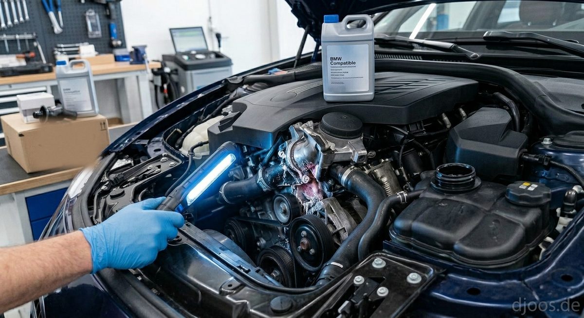 Symbolbild BMW B58 Kühlmittelverlust finden: Lecksuche mit Lampe im Motorraum