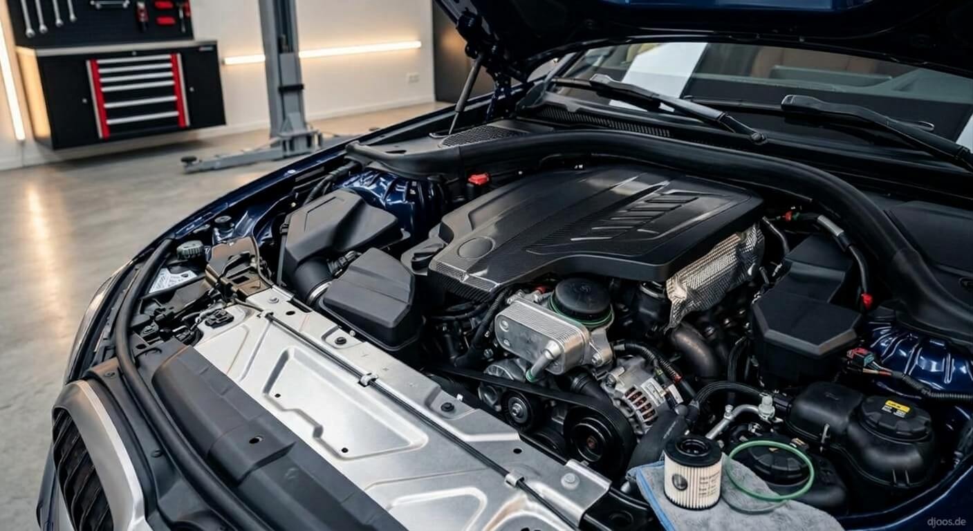 Symbolbild BMW B58 Motorraum: Ölfiltergehäuse Dichtung wechseln, neuer Ölfilter mit O-Ring liegt bereit