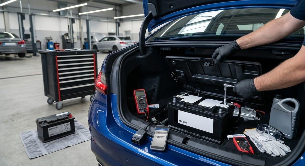 Symbolbild BMW Batterie wechseln und registrieren: Batterie im Kofferraum mit OBD-Adapter und Smartphone